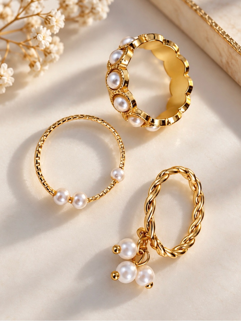 Gold Pearl Stackable Ring Set - Elegant Women's Pearl Rings
